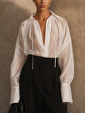 Women's Sheer V Neck Pleated Lantern Sleeve Blouse