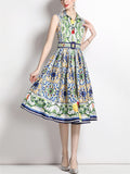 Women's Elegant Lapel Print Tie-waist Midi Dress