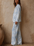 Women's Vintage Marble Print 2 Piece Blazer and Wide Leg Pants Set