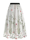 Retro Embroidery Mesh Elastic Waist Skirts for Women