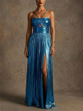 Women Metallic Pleated Backless High Slit Evening Gown
