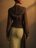 Women's Brown Wrap Blouse Elegant Tie Waist Office Style Top