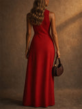 Womens Red Linen Blend Collared Sleeveless Maxi Shirt Dress