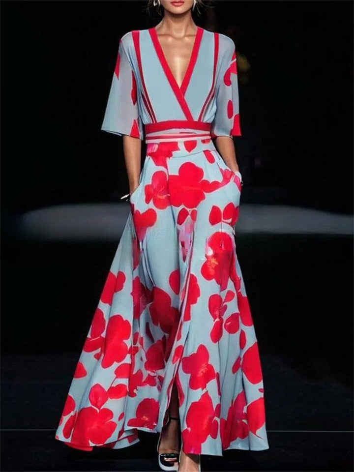Women's Elegant Contrast Color Floral Printed Half Sleeve Maxi Dress