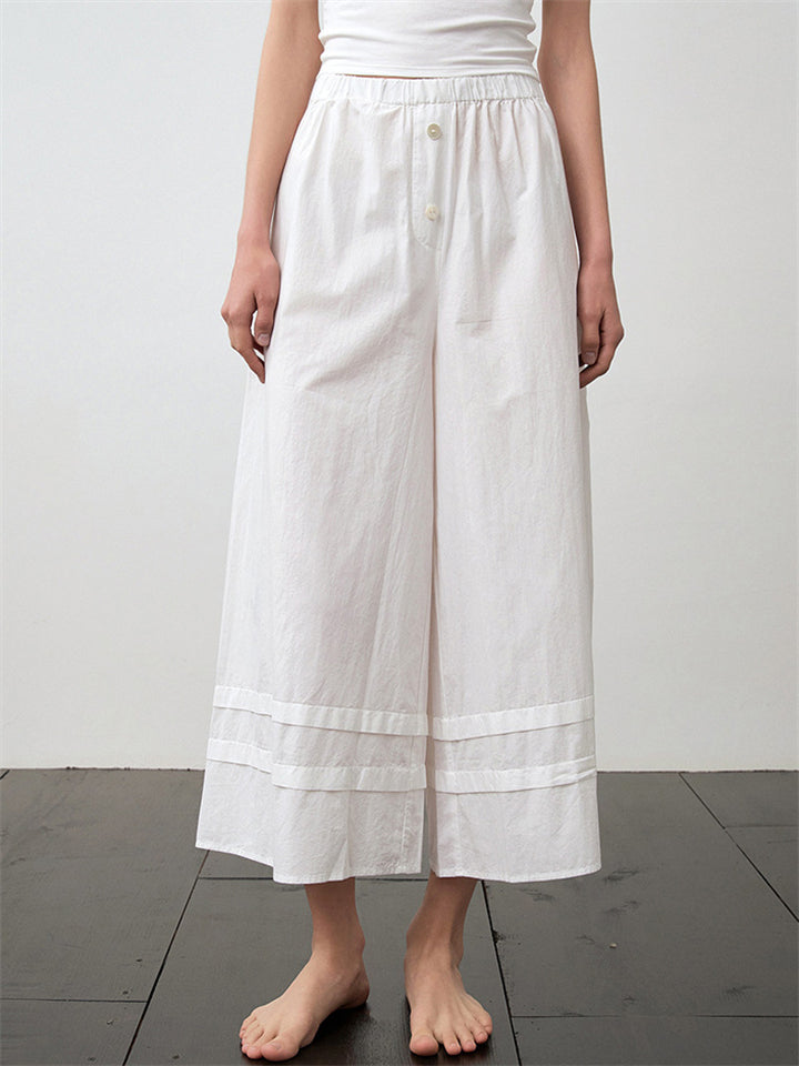 Female Simple White Cotton Wide-Leg Cropped Pants