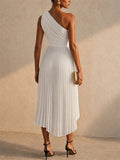 Women White One Shoulder Pleated Asymmetric Cocktail Dress