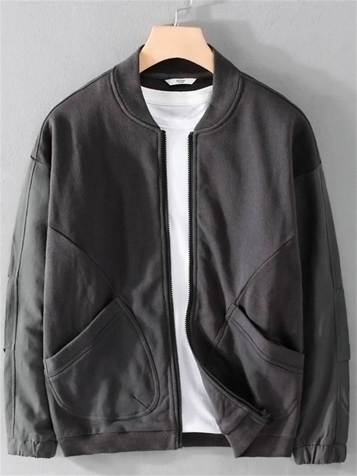 Casual Cotton Solid Color Pockets Baseball Collar Jacket for Men