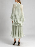 Womens Elegant High Neck Pleated Flare Sleeve Top and Tiered Maxi Skirt Set