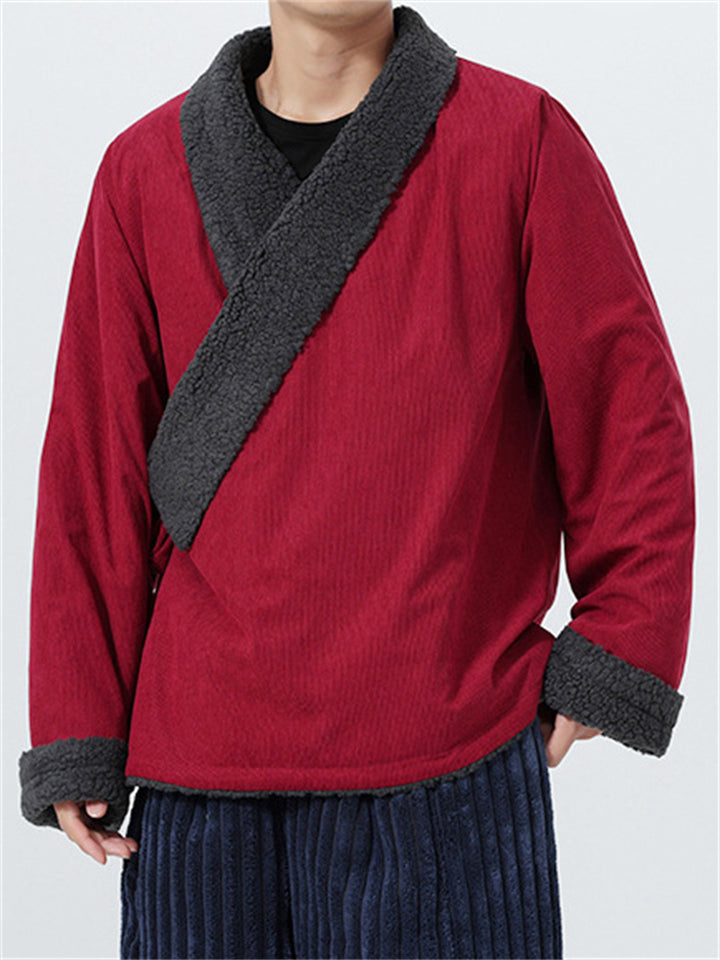 WInter Chinese Vintage Zen Style Fleece Trim Lined Lace Up Coat for Men