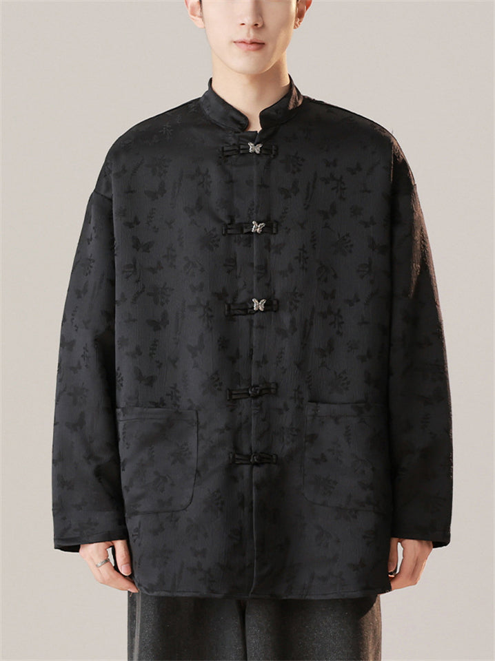 Men's Comfy Butterfly Print Button Long Sleeve Stand Collar Shirts