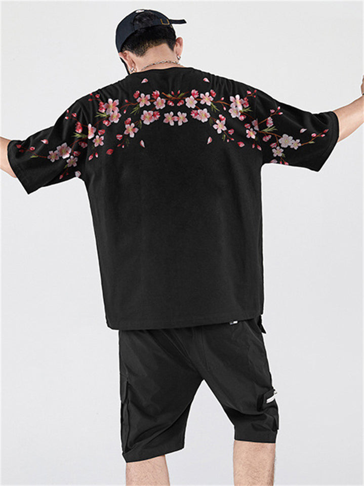 Male Cotton Blossom Embroidery Casual Half Sleeve Shirts