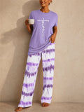Women Tie Dye Lounge Set Short Sleeve Top Wide Leg Pants