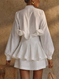 Womens Chic Ruffle Pleated Puff Sleeve Tiered Peplum Blouse