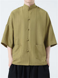 Men's Summer Retro Solid Color Stripe Loose Short Sleeve Shirts