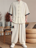 Chinese Ethnic Style Button Linen Tops and Wide Leg Pants Set for Men