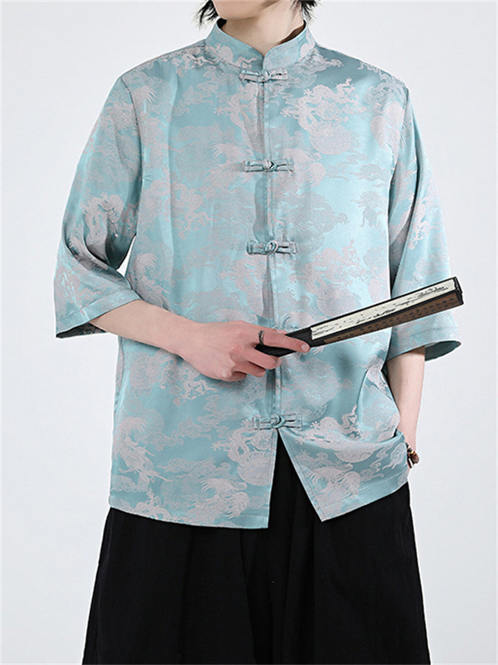 Loose Oriental Style Loongfeng Jacquard Half Sleeve Shirt for Men