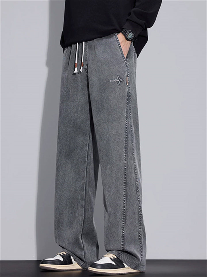 Men's Letter Embroidery Loose Fit Straight Leg Denim Pants