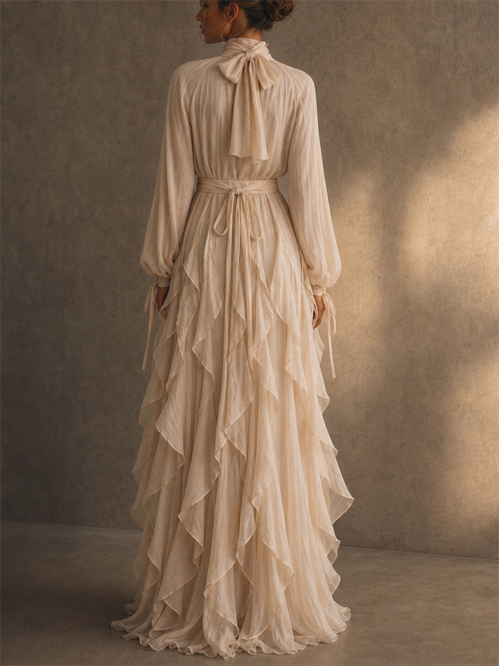 Womens Boho Chiffon Ruffle High Neck Long Sleeve Maxi Dress