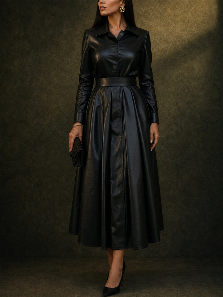 Women Faux Leather Long Sleeve Belted Maxi A-Line Dress