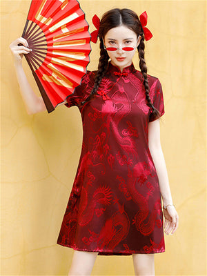 Wine Red Mini Qipao with Ancient Loong Jacquard