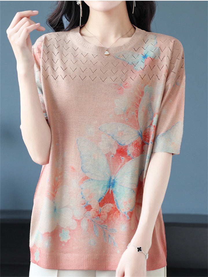 Casual Women's Loose Butterfly Print Short Sleeve Knit T-Shirts