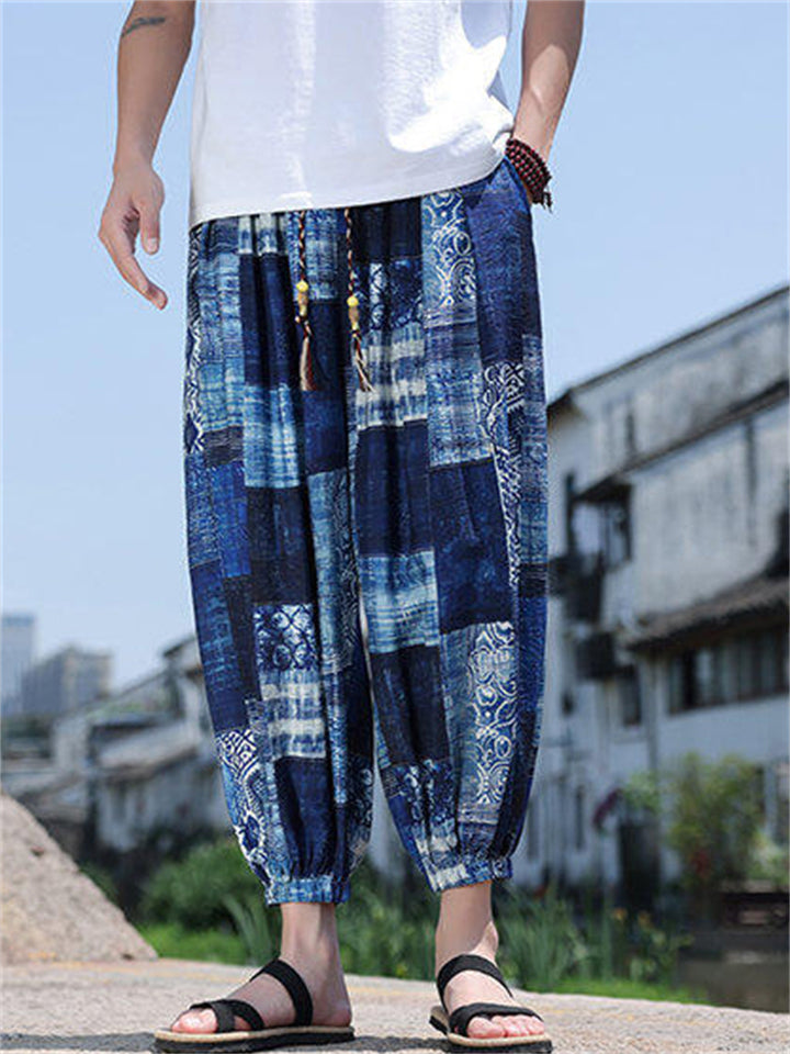 Men's Retro Chinese Style Print Casual Harem Jogging Cropped Pants