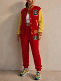 Women Varsity Jacket Set Color Block Letter Patch 2 Piece Outfit