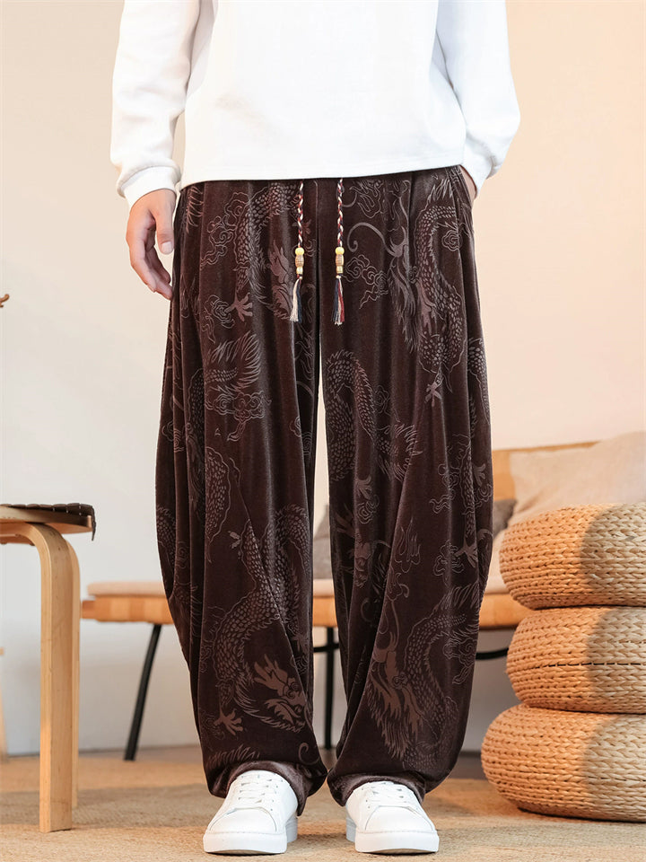 Men's Autumn Chinese Style Loong Pattern Velvet Wide Leg Pants