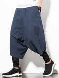 Men's Cotton Linen Solid Color Drop Crotch Capri Pants