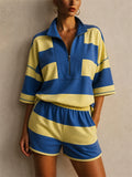 Womens Striped Quarter Zip Polo Shorts 2 Piece Lounge Set