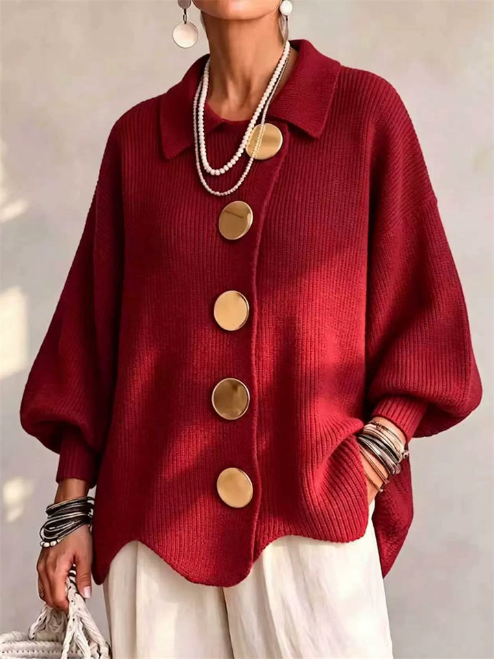 Women Oversized Knit Cardigan Gold Button Collared Sweater