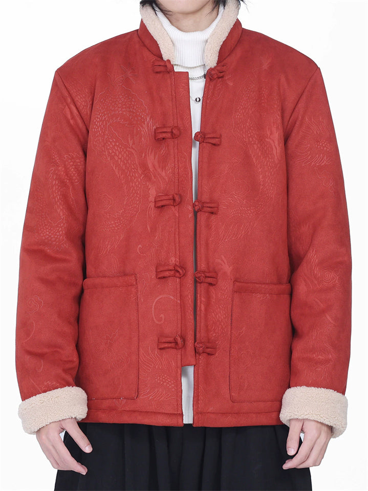 ‌Men's Chinese Vintage Style Suede Loong Printed Thermal Lined Coats