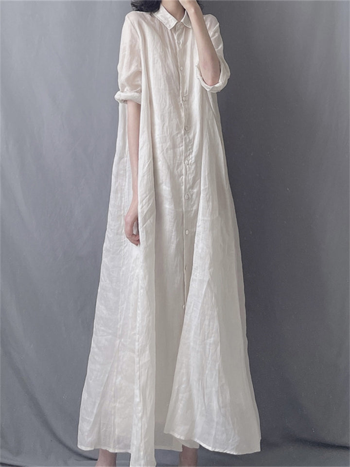 Women's Elegant White Solid Color Loose Button Up Shirt Dress