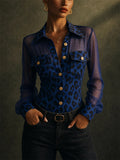 Women Leopard Print Sheer Mesh Button Down Blouse Top