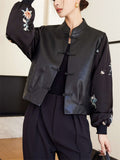 Women's Black PU Leather Patchwork Stand Collar Jackets