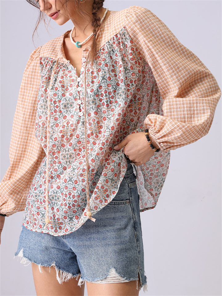 Women's Floral Print Plaid Patchwork Long Sleeve Shirt