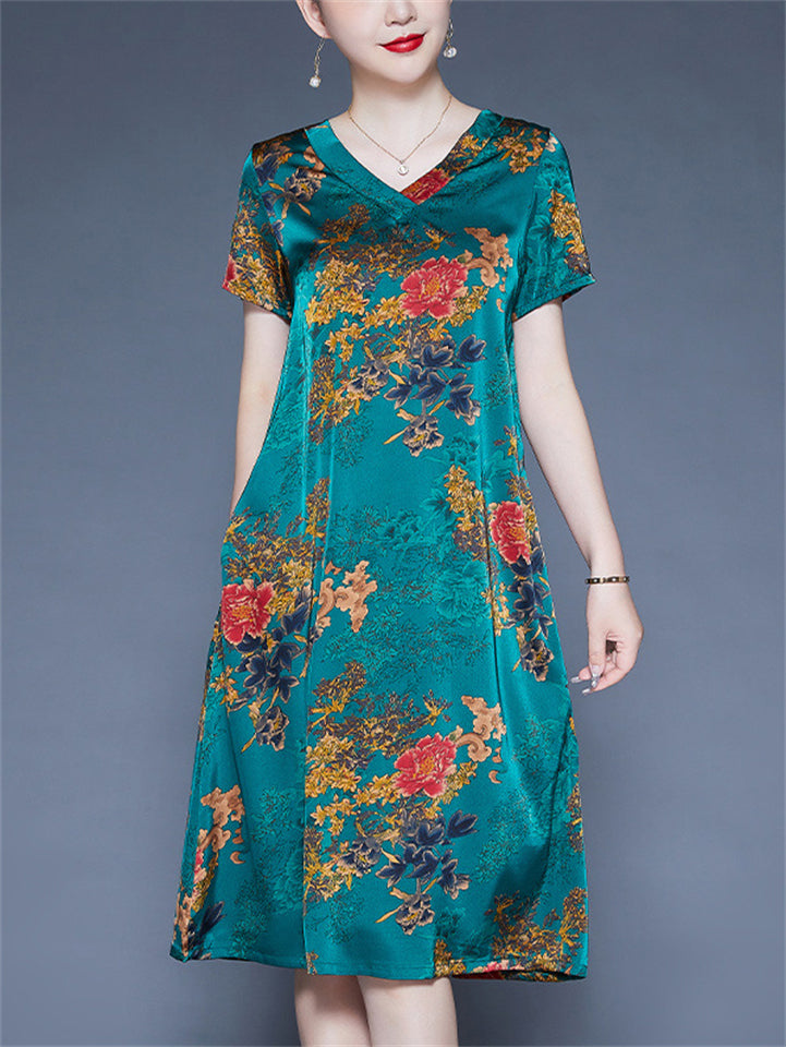 Summer Casual V-neck Floral Print A-Line Dress for Women