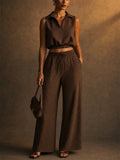 Women 2 Piece Sleeveless Polo and Geometric Wide Leg Pants Set