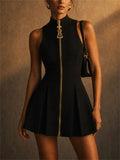 Women Black Gold Zip Sleeveless Mock Neck Pleated Mini Dress