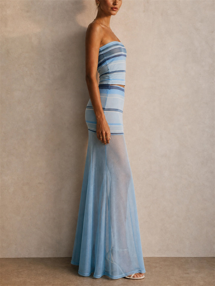 Women Striped Tube Top Sheer Mesh Patchwork Maxi Skirt Set
