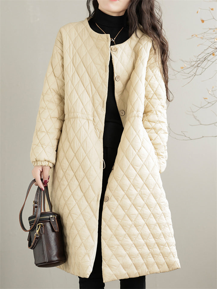 Loose Diamond Quilted Mid Length Long Sleeve Coat for Women