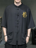 Men's Retro Cool Comfy Hanzi Loong Embroidery Button Up Shirt
