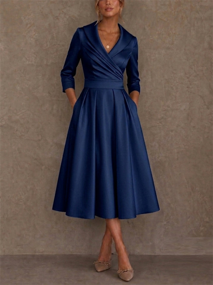 Women Elegant Satin Wrap V Neck High Waisted A Line Midi Dress