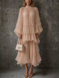 Womens Elegant High Neck Pleated Flare Sleeve Top and Tiered Maxi Skirt Set