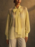 Women Elegant Sheer Bow Tie Lantern Sleeve Blouse