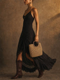 Womens Black V Neck Lace Ruffle Boho Slit Maxi Slip Dress