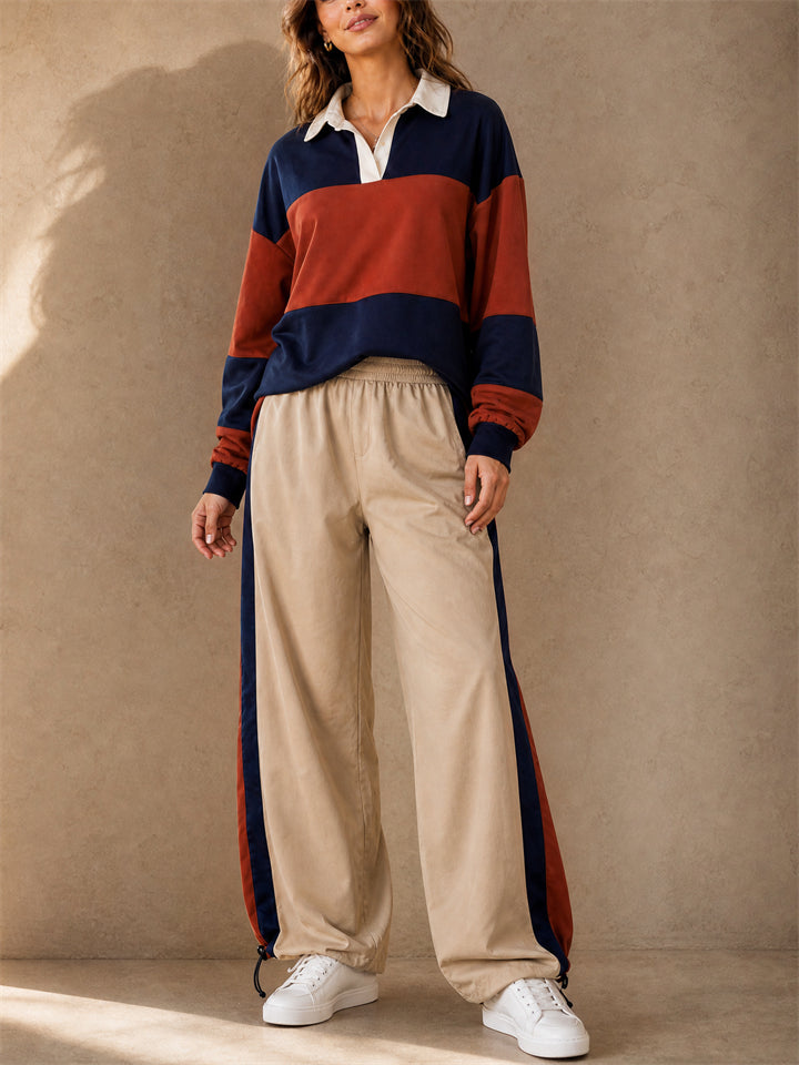 Women Colorblock Rugby Shirt Cinch Cargo Pants 2 Piece Set