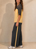 Women Color Block Mesh Patchwork T Shirt and Wide Leg Pants Set