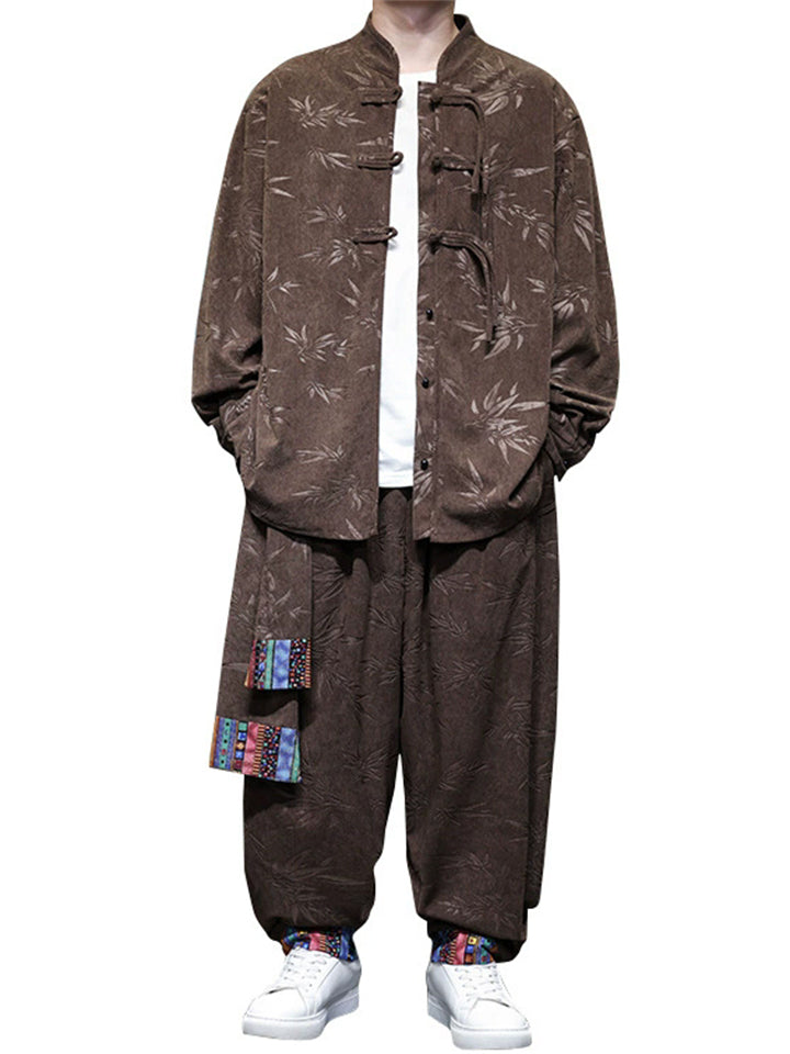 Chinese Ethnic Style Corduroy Button Leaf Pattern Jacket  and Loose Drawstring Pants Set for Men