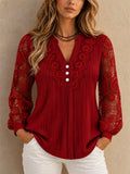 Women Lace Crochet V Neck Long Sleeve Button Down Blouse